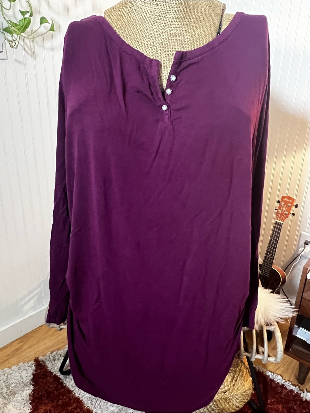 Long Sleeve White House, black market Henley Tunic Top in Deep Plum